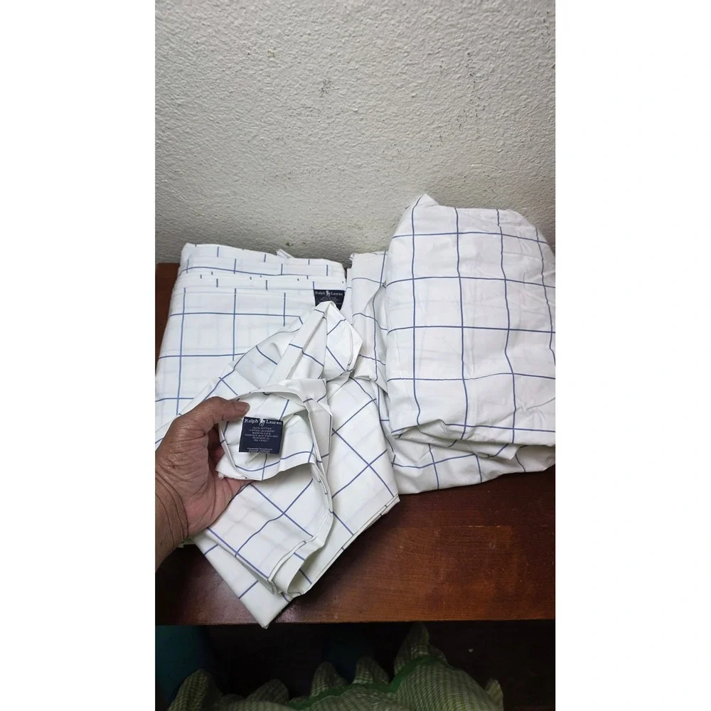 Ralph Lauren Windowpane Check Queen Sheet Set White Blue 100% Cotton Made in USA
